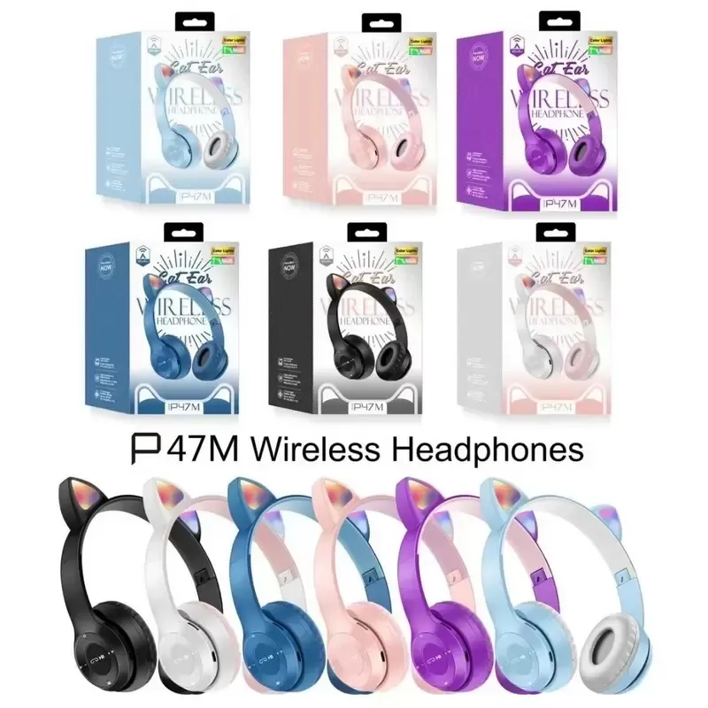 P47M Bezprzewodowy telefon słuchawkowy słuchawki słuchawkowe LED Lampa błyskowa Śliczne Kot Uszu Zestawy Słuchawne Składane Składane Przenośne Zestawy Gaming Girl Gift