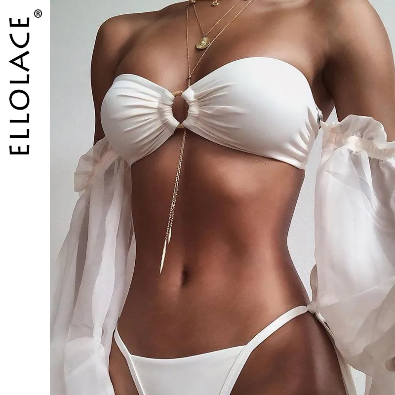 Ellolace Sexy Bikini a fascia con spalle scoperte Puff manica lunga Costumi da bagno Donna Biquini Costume da bagno bianco 2020 Costume da bagno all'ingrosso T200708