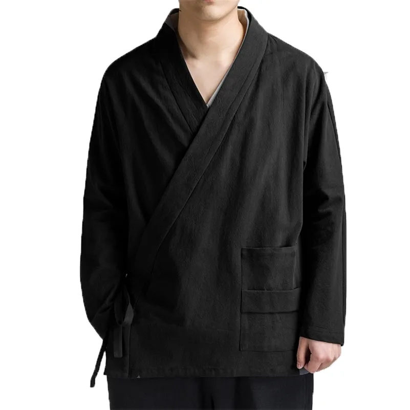 Traditional Open Stitch Men Cotton Linen Jacket Men Kimono Cardigan Male Harajuku Outwear Mens Kongfu Coats LJ201013