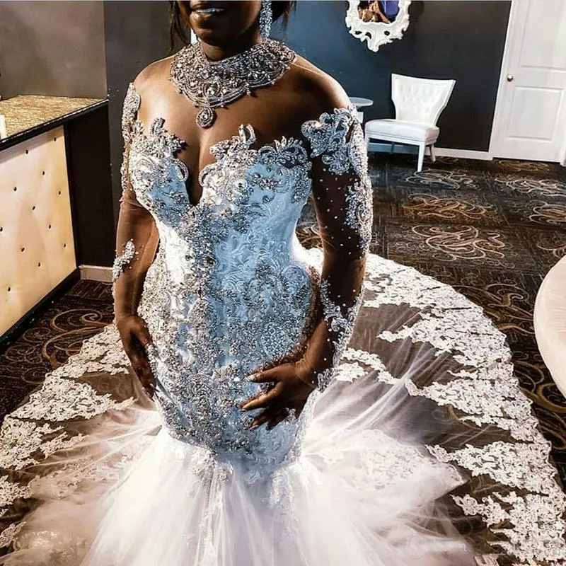 2021 Sheer Długie Rękawy Koronki Syrenki Suknie Ślubne Koronki Aplikacja Zroszony Kryształy Wedding Bridal Suknie Custom Made