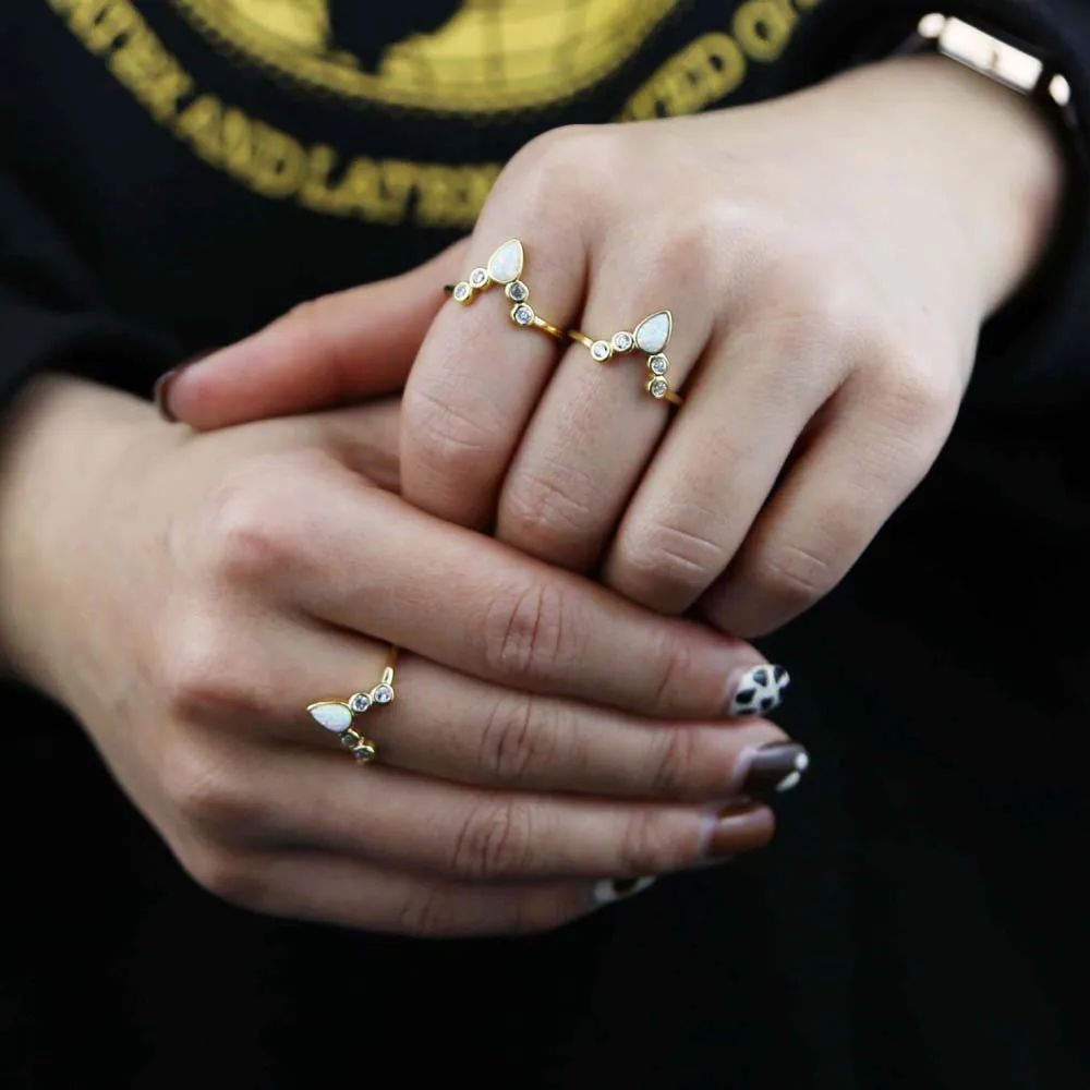 Womens Opal Rings: Gold Plated Teardrop White Opal Ring With CZ