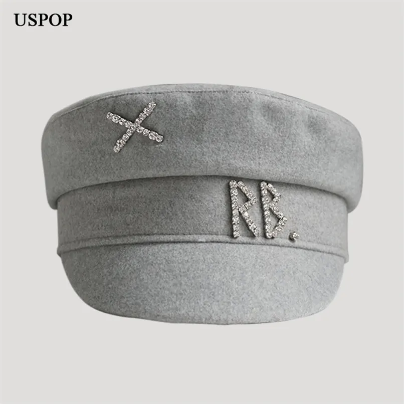 USPOP Wool Sboy Women Women Miamond Letter Flat Visor Cap Solid Militray Caps S-XL 211227