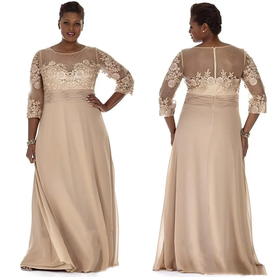 Elegante Império Cintura Mãe Vestidos Uma Linha Plus Size Long Mãe da Noiva Vestido Applique Lace Sheer Crew Pescoço 3/4 Manga Completa Dos Desenhistas Do Casamento Vestidos Noite de Prom