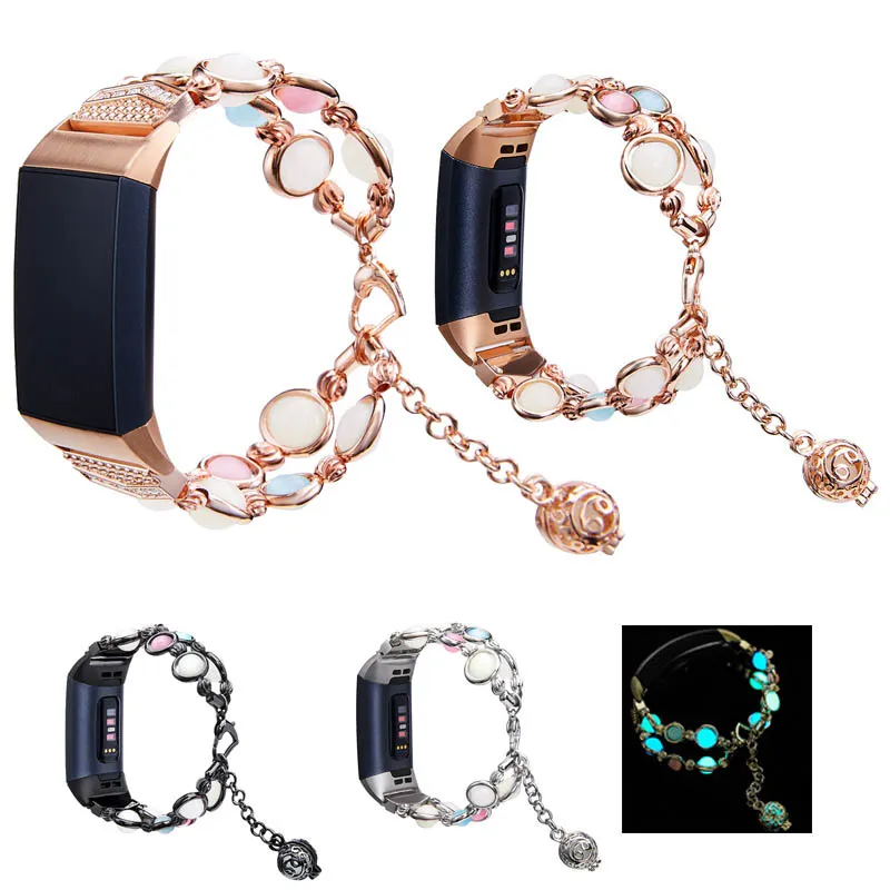 Cinturino per orologio per Fitbit Charge 3 4 Perline luminose Cinturino per orologio Fitbit Cinturino in metallo Braccialetti fatti a mano con bracciale in agata