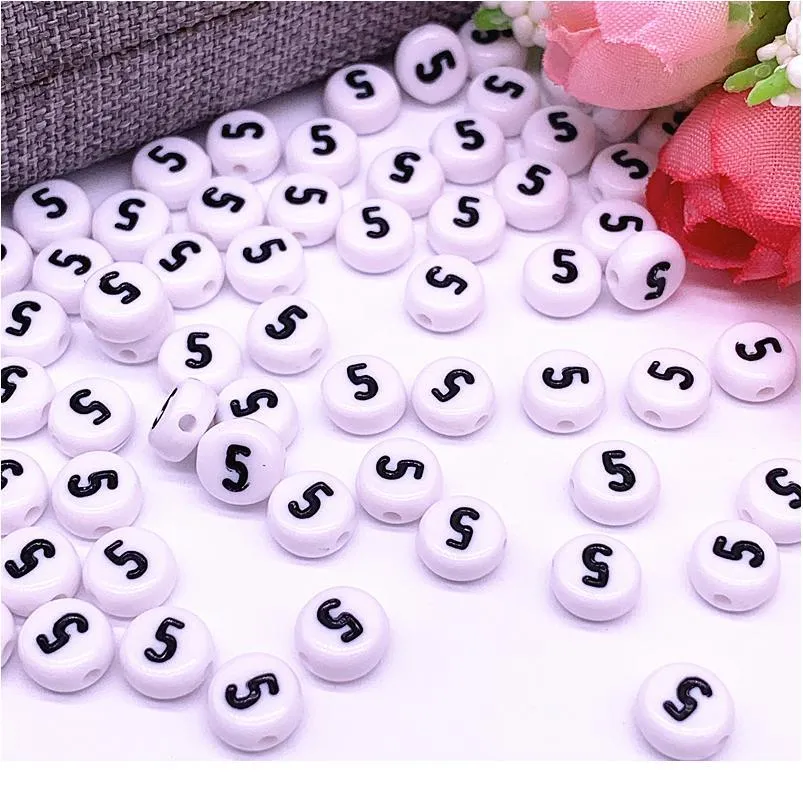 100pcs/lote 7x4mm 0-9 N￺meros redondos brancos acr￭lico Spacer Logo Spacer para j￳ias Fazendo pulseira DIY Acc qylowm