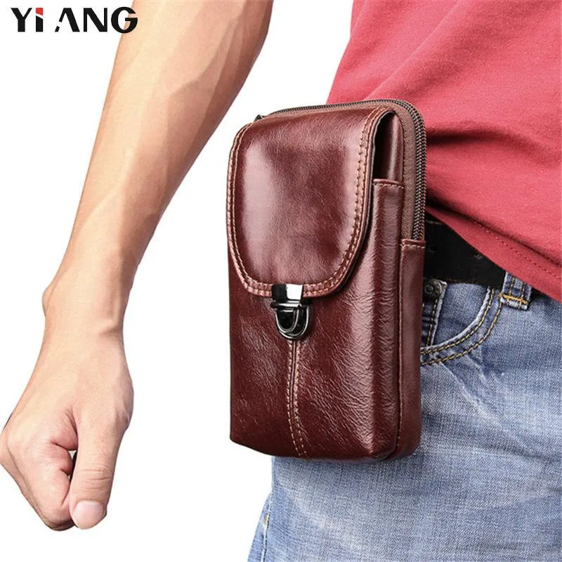 Designer-YIANG Marque 2020Men's Mode Voyage Véritable Cuir Cigarette Taille Ceinture Sac Fanny Pack Molle Mini Money Purse Sac de téléphone portable