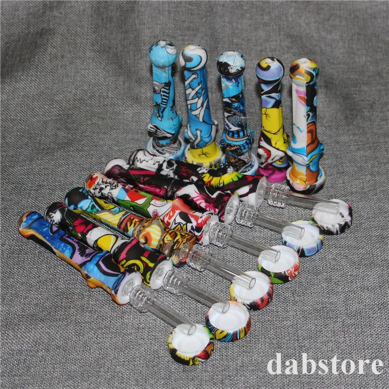 20st WaterTransfer Printing Silicone Nectar Pipe Kit Concentrate Smoke Pipe med 14mm Quartz Tip Dab Straw Oil Rigs DHL