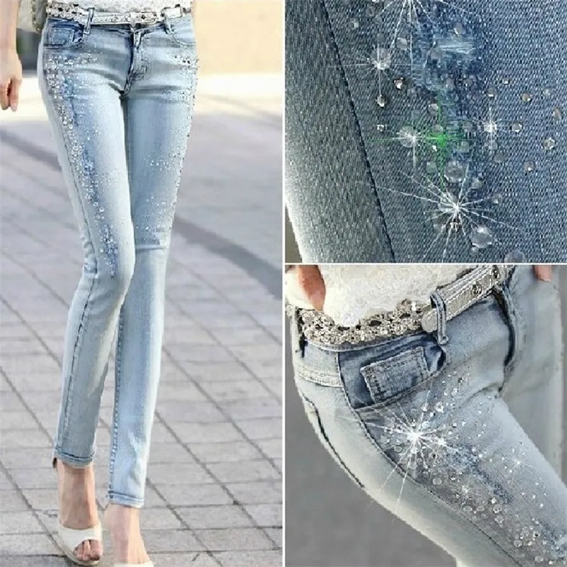 Rhinestone Embellished Diamond Drilled Silver Jeans For Women For