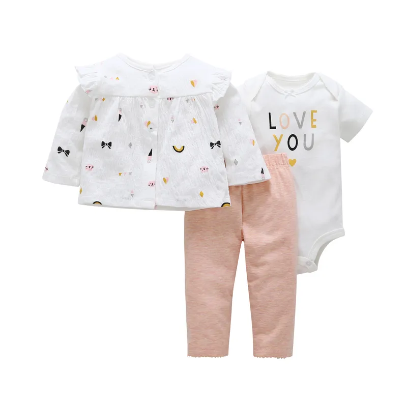 fashion spring autumn infant baby girl clothes set o-neck cardigan+letter romper+pant pink newborn 3PCS fall outfits
