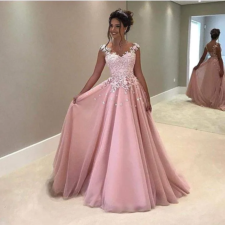 Abiti da ballo lunghi con top in maglia trasparente rosa arabo Abiti da sera in tulle con applicazioni in pizzo di lunghezza del pavimento Abiti da sera per feste formali BA4607