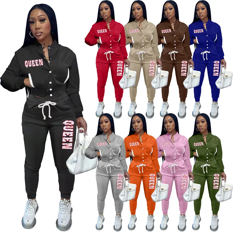 Womens Baseball Pak 2 Stuk Set Trainingspakken Fleece Outfits Lange mouw Cardigan Single-Breasted Sportkleding Sweatsuit Panty's Tops + Legging K8426