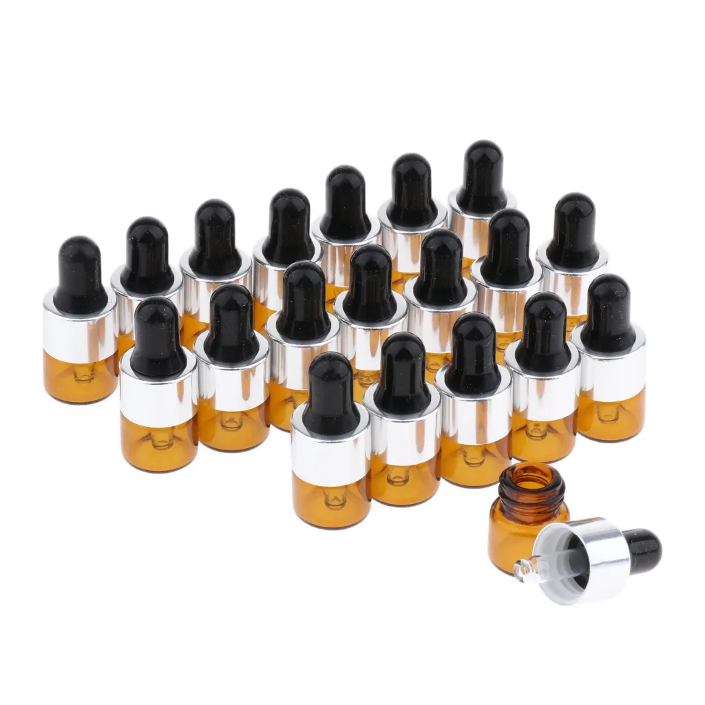 20 Pack Refill Empty Mini Amber Glass  Oils Dropper Bottles Jars, 1ml, for Cosmetic Perfume Sample Liquid Makeup