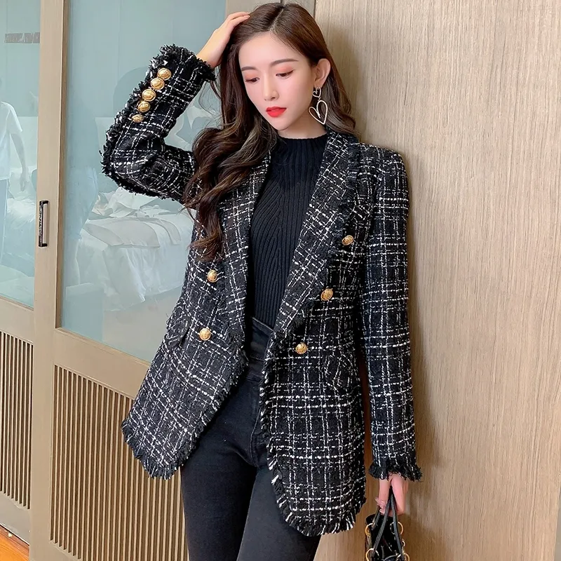 Automne hiver femmes gland Tweed veste manteau métal or Double boutonnage à manches longues veste Casaco Feminino