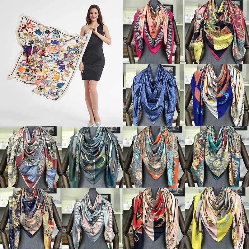 50 Color Women Scarf 100% Silk Female Twill Oil Painting Large Square 51 Inch Shawl Hair Head Scarves Bandana Flower