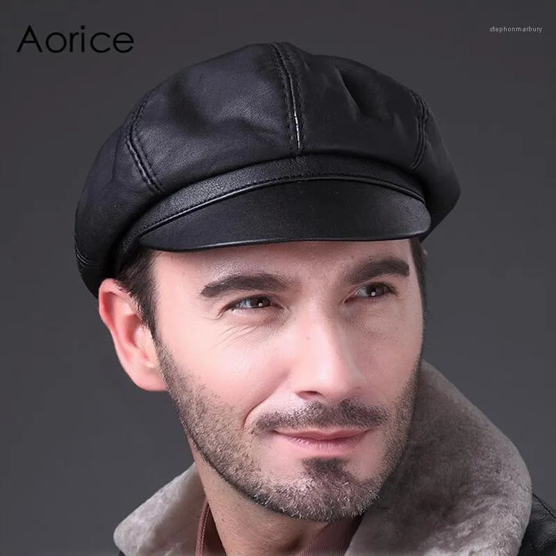 Sboy Hats Aorice Genuine Soft Leather Driving Flat Cap 2021 Autumn Winter Mens Stylish Fashion Outdoors Sport Keep Warm Hat Black HL0101