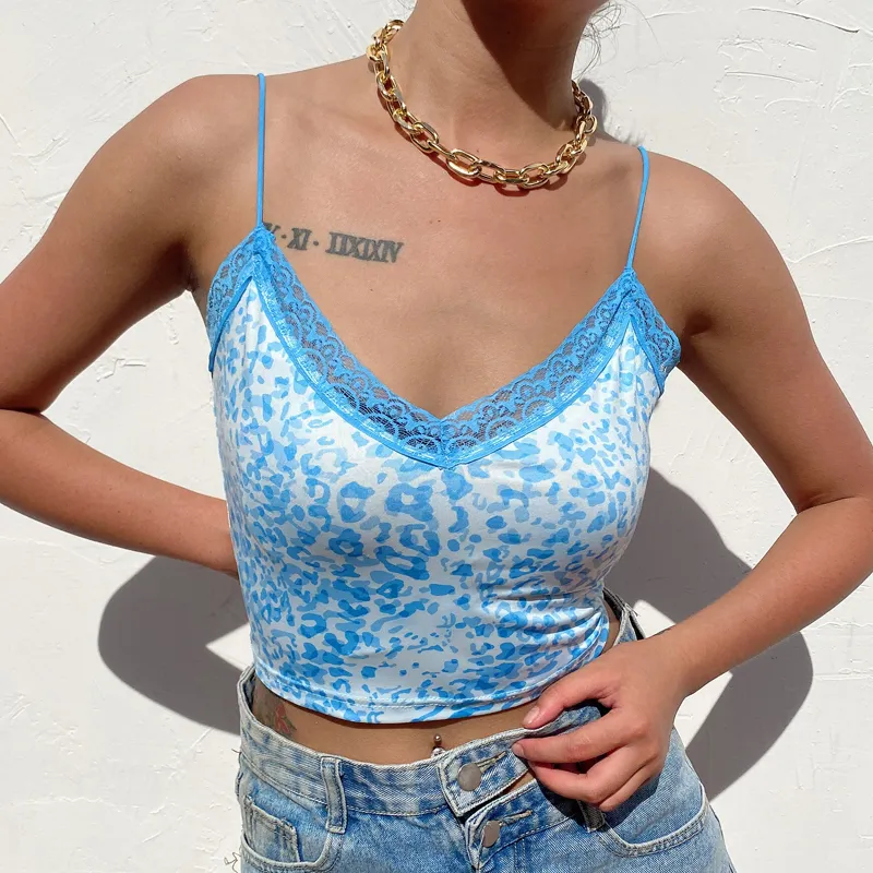 Y2K Leopard Print Camisole Top - Lace Trim Sleeveless Crop Top For Women
