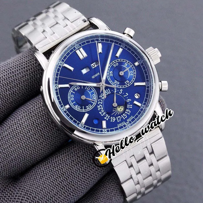 New Super Complexo Perpétuo Calendário 5204P-001 5204P-011 Mens Automático Assista Moon Fase Blue Dial SS Aço pulseira relógios Olá_Watch