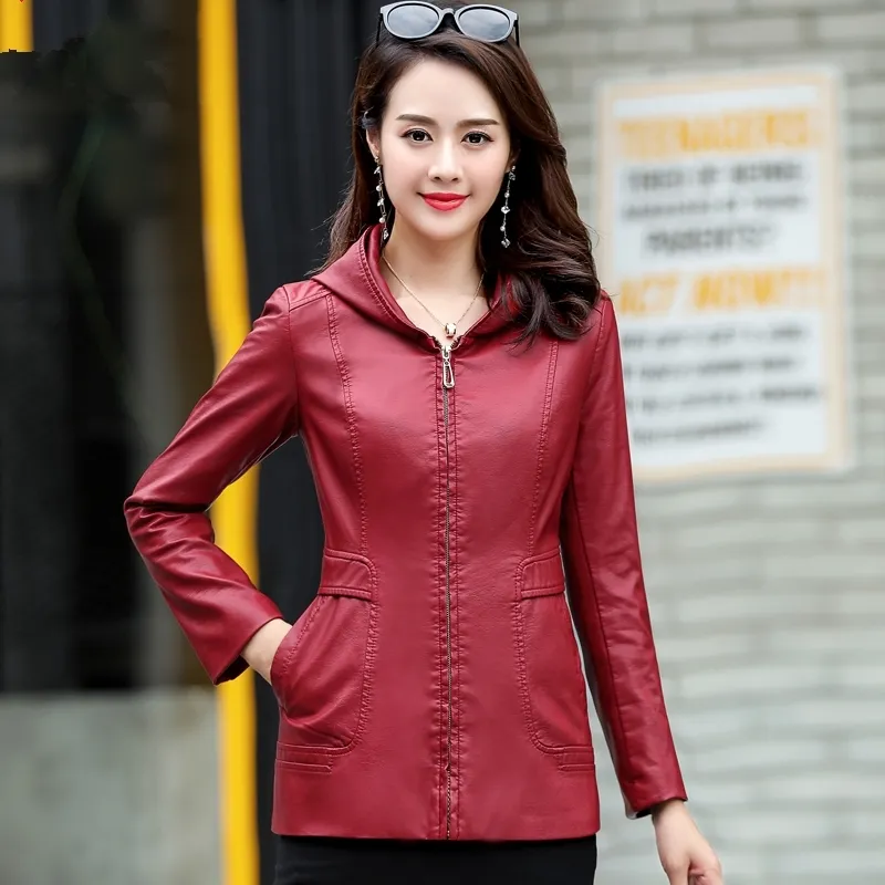 New Womens Elegant Hooded Leather Jackets Ladies Slim Soft