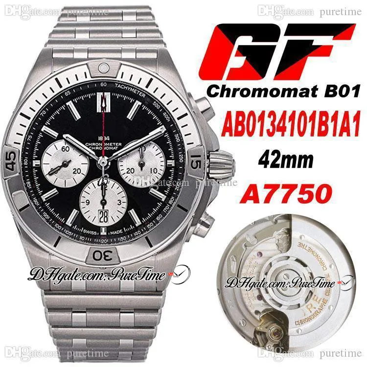 GF B01 ETA A7750 Automatische Chronograph Mens Horloge 42mm Zwart Wit Dial Stick Markers AB0134101B1A1 Roestvrij stalen Armband Super Edition Puretime