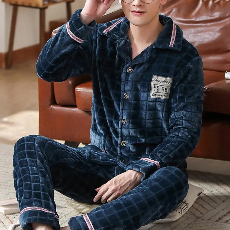 겨울 두꺼운 따뜻한 부드러운 플란넬 잠옷 세트 남성 밤 Pijama 긴 소매 파자마 잠옷 정장 캐주얼 homewear 45kg-105kg