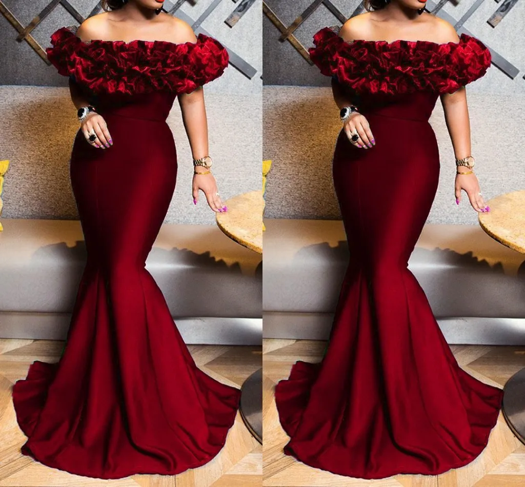 Afryki Elegancki Off Ramię Syrenki Suknie Wieczorowe Ruffles Pleys Drapowane Długość Piętra Prom Dress Formalna Wieczorna Party Wear Robes De Soirée