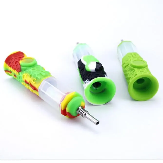 Octagonal Silicon Dab Straw Smoking Bong Oil Burner Acrylic Dabber Water Pipe with 10mm Titanium Nail Tip Portable Travel