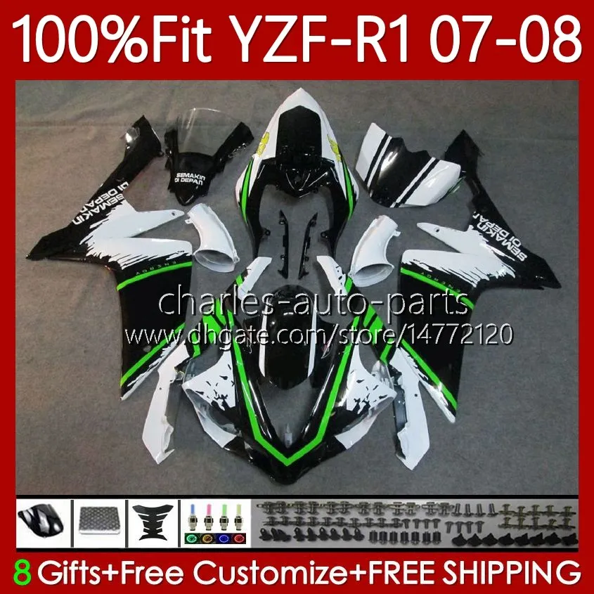 OEM Bodywork 100% FIT dla Yamaha YZF-R1 YZF1000 YZF R 1 1000 CC 07-08 Moto Body 91NO.4 YZF R1 1000CC YZFR1 07 08 YZF-1000 2007 2008 Wtrysk Mold Kit Green Black