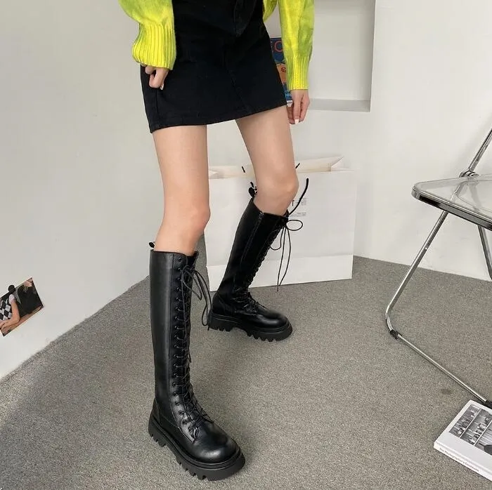 Women Boots Chaussures Black Platform Shoes Over the Knee Womens Boot Leather Shoe Trainers Sports Sneakers Size 35-40 03