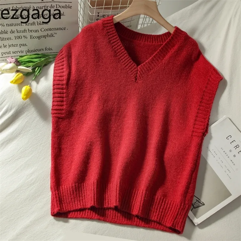 EZGAGA повседневная женская жилет без рукавов осенью новый V-образным вырезом свободно красный старинный старинный универсал вязаные топы женский свитер жилет модный танк 201214