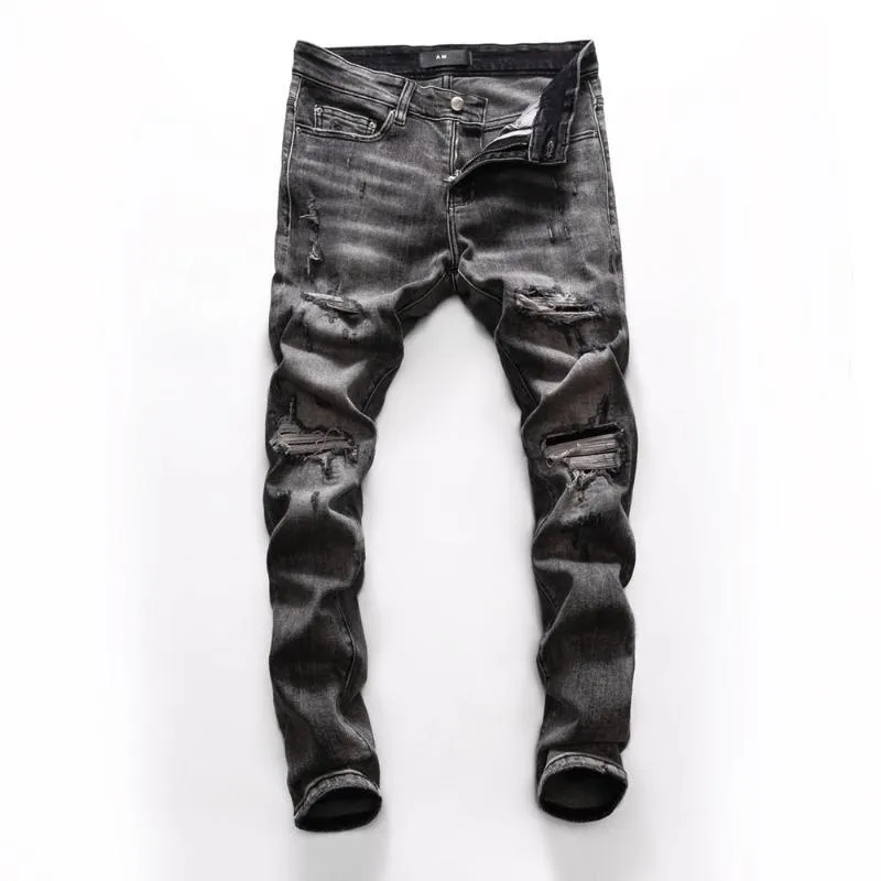 European Style Mens Elastic Jeans Straight Denim Trousers Zipper Patchwork Slim Gray Hole Jean för män