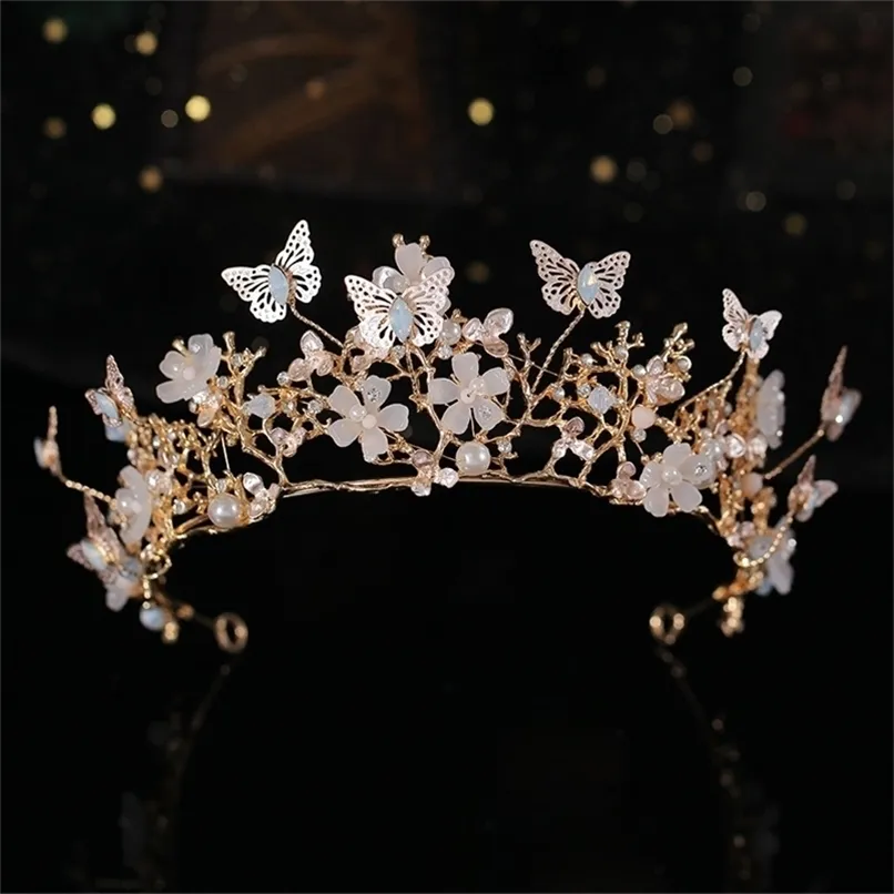 Barocco Vintage Gold Leaf Branch Bridal Tiades Crown Zew Persies Shiny Pearls Pageant Crowns Accessori per capelli da sposa 220223