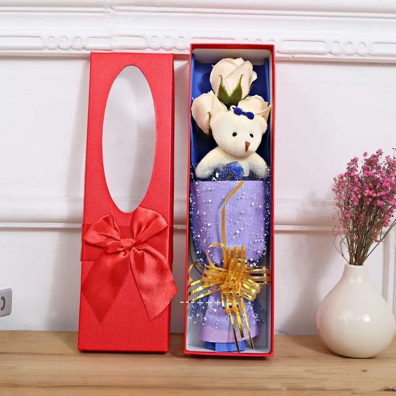 Roses de savon artificielles avec petits ours en peluche mignons, boîte délicate, cinq fleurs immortelles ou trois fleurs et ours CCD12925
