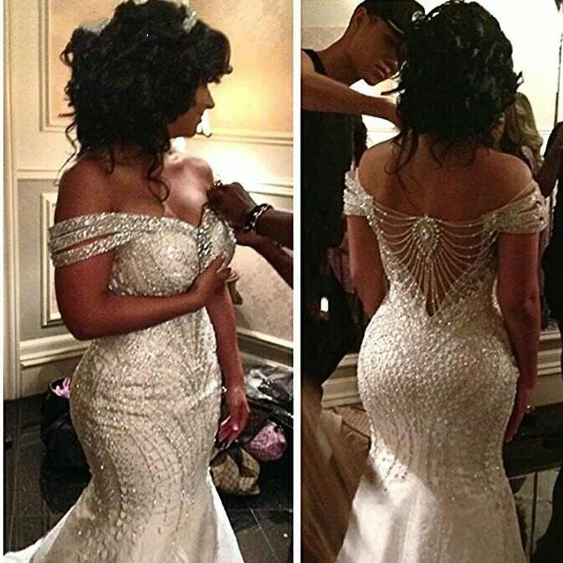 Sparkle Crystals Mermaid Trouwjurken Off Shoulder 2021 Geappliceerd Afrikaanse Sexy Plus Size Bridal Formal Dress Bruid Togonnen Custom Made