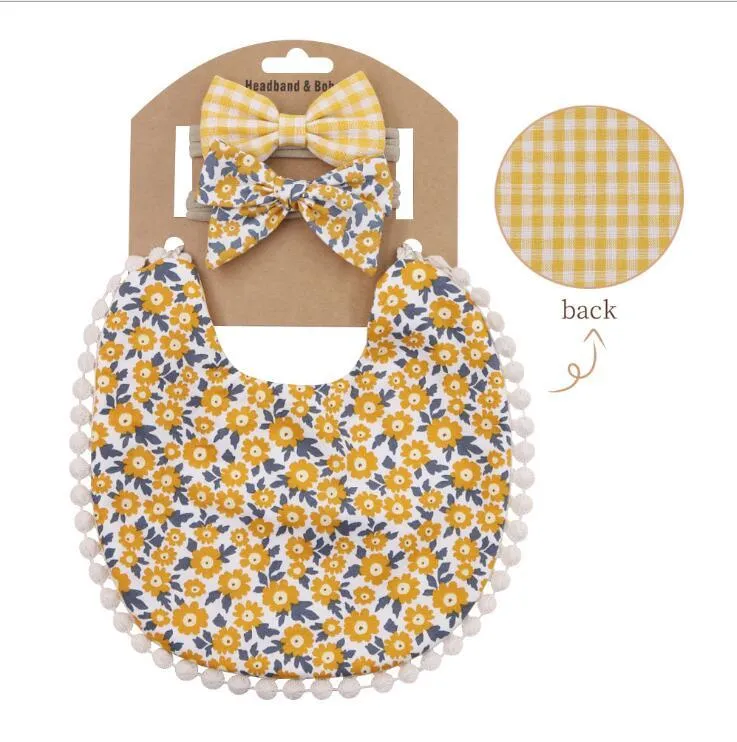 Baby bib double-faced Bibs grid printing burp cloth Cotton flax Bow headband Hair accessories Infant Set kids Gift Sets wmq890