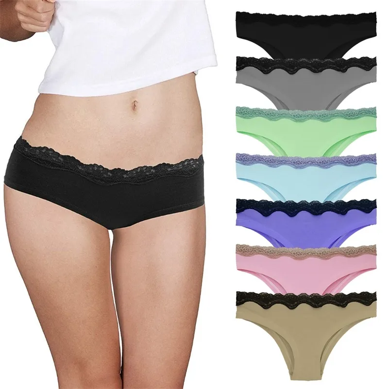 5pcs / pack taille européenne coton femmes sous-vêtements en dentelle taille basse hipster culotte sexy slips sans couture coton respirant doux lisse 201112