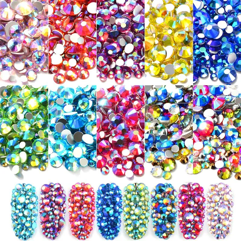 Gemengde maat AB Kleurrijke Crystal Nail Art Rhinestones Non Hotfix Platback Glasstenen 3D Glitterdecoraties Gems voor DIY-nagels