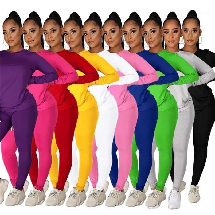 Women Casual All Match Two Piece Sets Long Sleeve O Neck T Shirts and Women Pencils Pants Solid Color Tracksuits