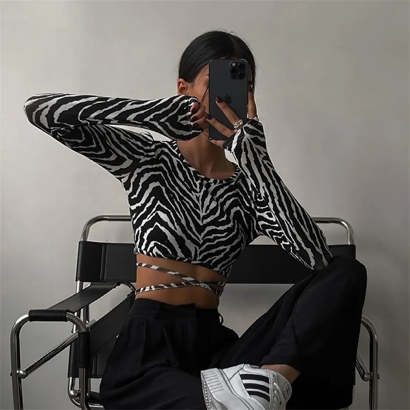 Y-l leopard zebra tryckt sexig backless spets ups pullover tee höst svart o-hals smal longsleeve kort t-shirt 220217