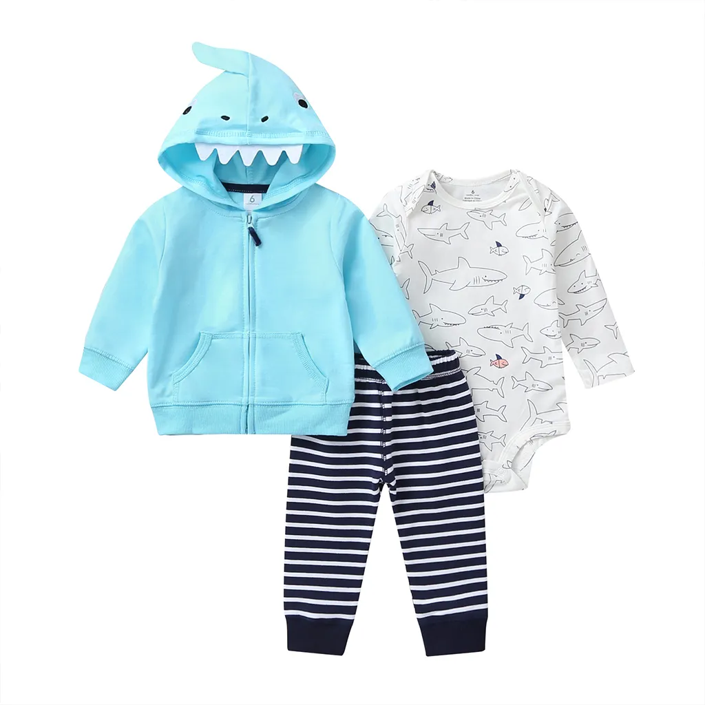 cartoon shark baby boy set long sleeve hooded coat blue+bodysuit+pants stripe 2019 autumn fashion babies outfit newborn clothes