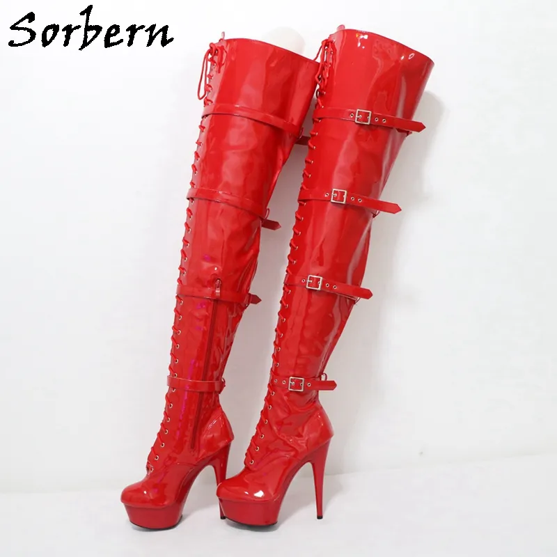 Sorbern red shiny 80 cm 가랑이 허벅지 높은 부츠 (발 뒤꿈치 포함) 여성용 맞춤형 넓은 송아지 빅 사이즈 힐 부츠 사이즈 11 구두