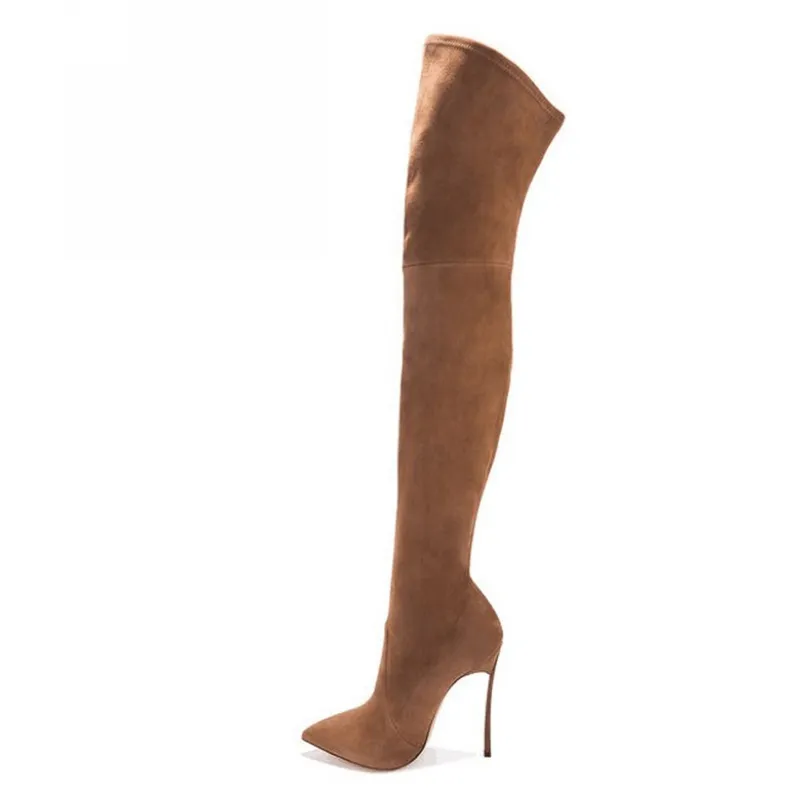 35-43 PU / SUEDE 2 옵션 플러스 사이즈 포인트 발가락 무릎 부츠 위의 봄 여성 신발 금속 발 뒤꿈치가있는 긴 무릎 부츠