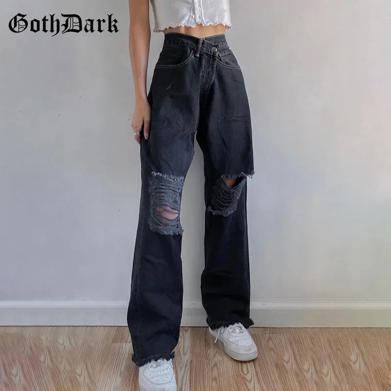 Goth Dark Gothic Hip Hop Jeans Black Jeans Larga Gamba Alta Vita