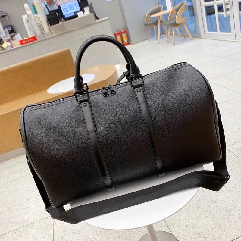 Men`s Fashion Duffel Bag Black Leather Travel Bag Ladies Large Capacity Handle Luggage Gentleman Business Handbag with Shoulder Strap Size 42CM