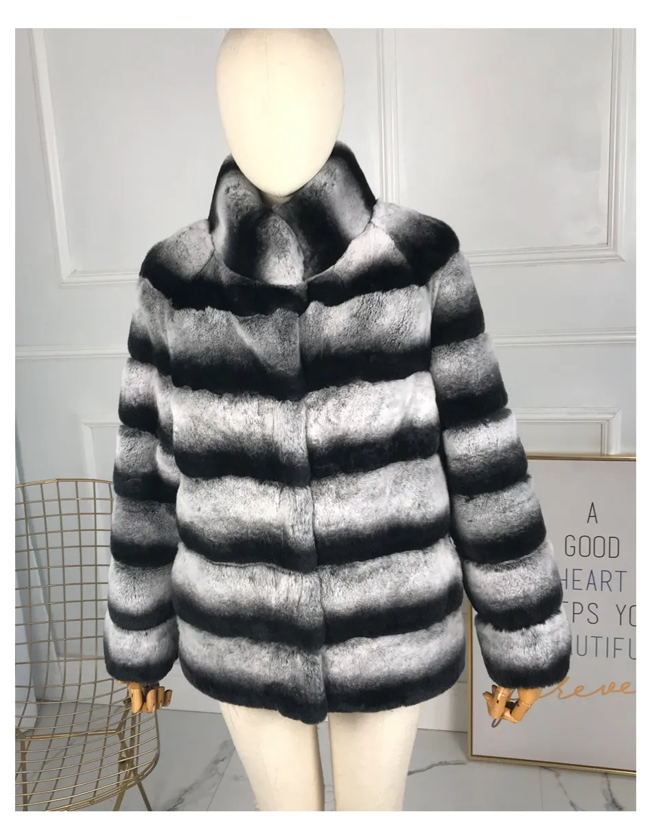 Manteau Femme En Fourrure Véritable Lapin Rex – Couleur Chinchilla – Fait Main, Sans étiquettes