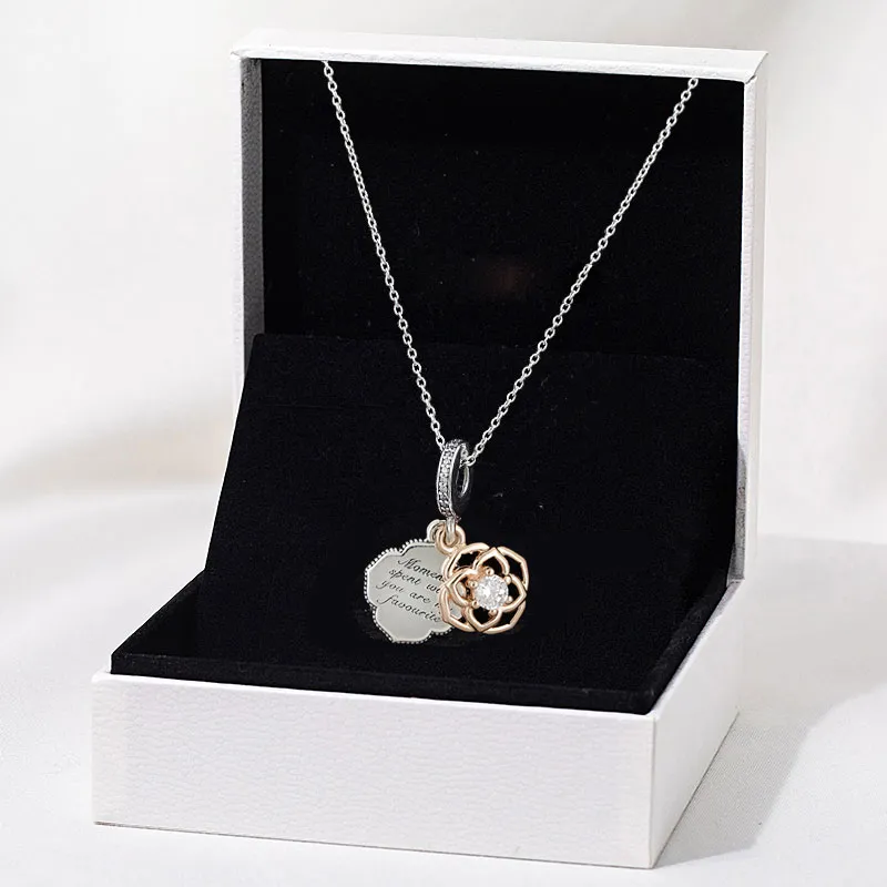 Collier pendentif à breloque rose bicolore en argent sterling 925, adapté au collier de bijoux de style Pandora européen