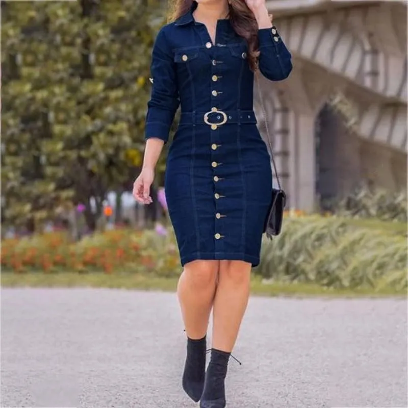 Casual jurken vrouwen vintage knoop met lange mouwen knie lengte potlood denim jurk actieve slijtage bodycon midi jeans riem vestidos