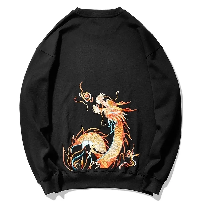 Nouveau Dragon Broderie Homme Automne Tendance de l'automne Loose Grande Taille Marée Marque Coton Cold Ronde Coluelle Bas Shirt Mode 201114