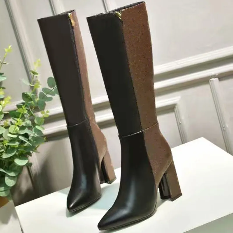 2021 Mode Luxury Ladies High-Heeled Boots Stilig Bekvämt Mjukt Läder Material 15 tum Kvinnor Knight Tryckt tyg