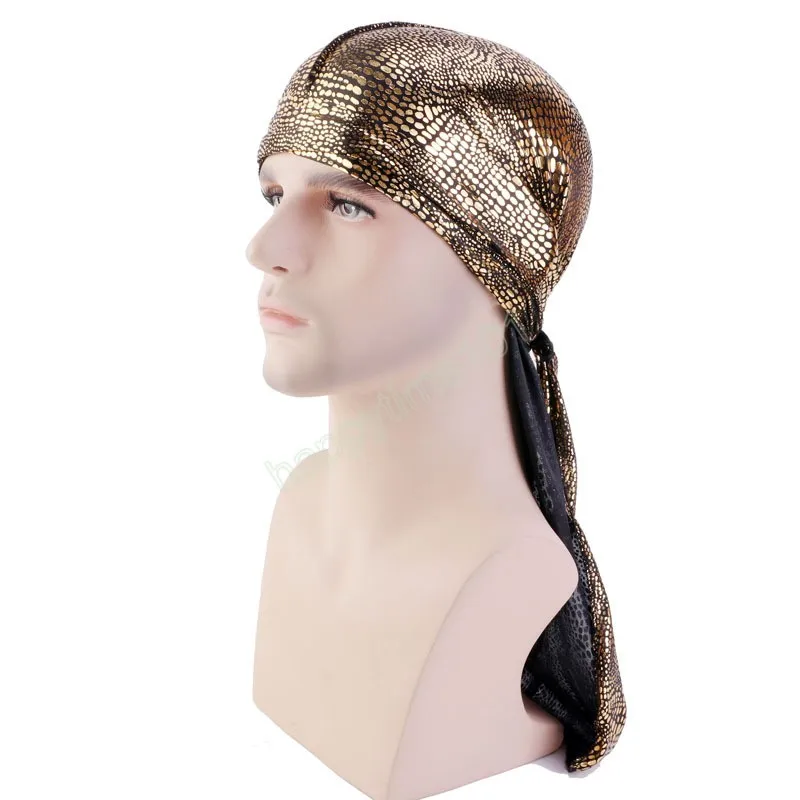 Tryckt guld män durag långa hip-hop bandanna cap elastiska huvudband pirat hatt färgglada kepsar