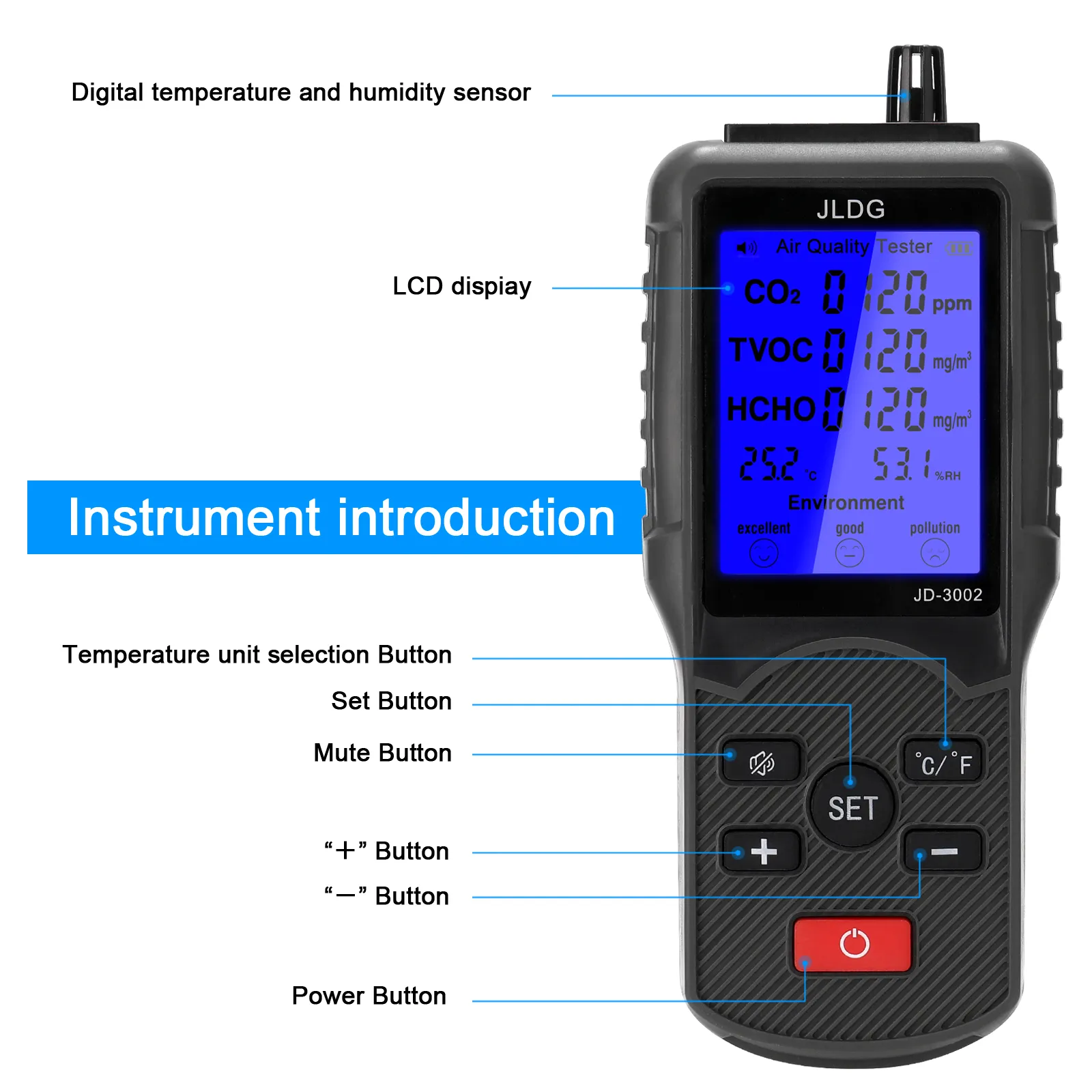 FreeShipping Tester multifunzionale della qualità dell'aria Misuratore di CO2 TVOC Dispositivo di misurazione dell'umidità della temperatura Monitor dell'anidride carbonica con schermo LCD